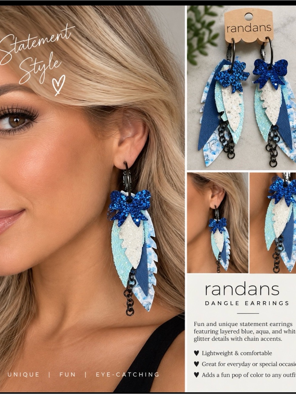 Randans Blue & Aqua Layered Dangle Earrings with Glitter Bow